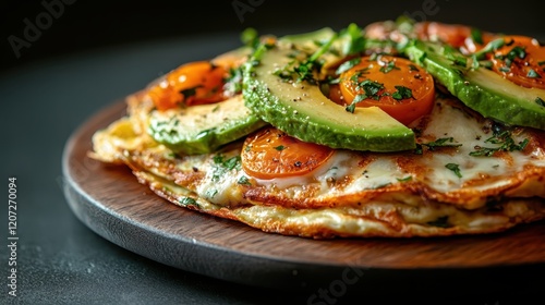 A bright and colorful avocado and tomato omelette topped with fresh herbs, exuding freshness and flavor, making it a perfect choice for a healthy breakfast. photo