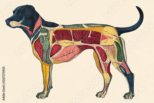 Anatomical illustration of a dog showcasing internal structures and muscles in vibrant colors photo