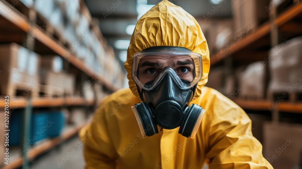 A person in a yellow protective suit and gas mask focuses intently while inside a warehouse, demonstrating caution and readiness in potentially hazardous environments. A person in a yellow protective suit and gas mask focuses intently while inside a warehouse, demonstrating caution and readiness in potentially hazardous environments.