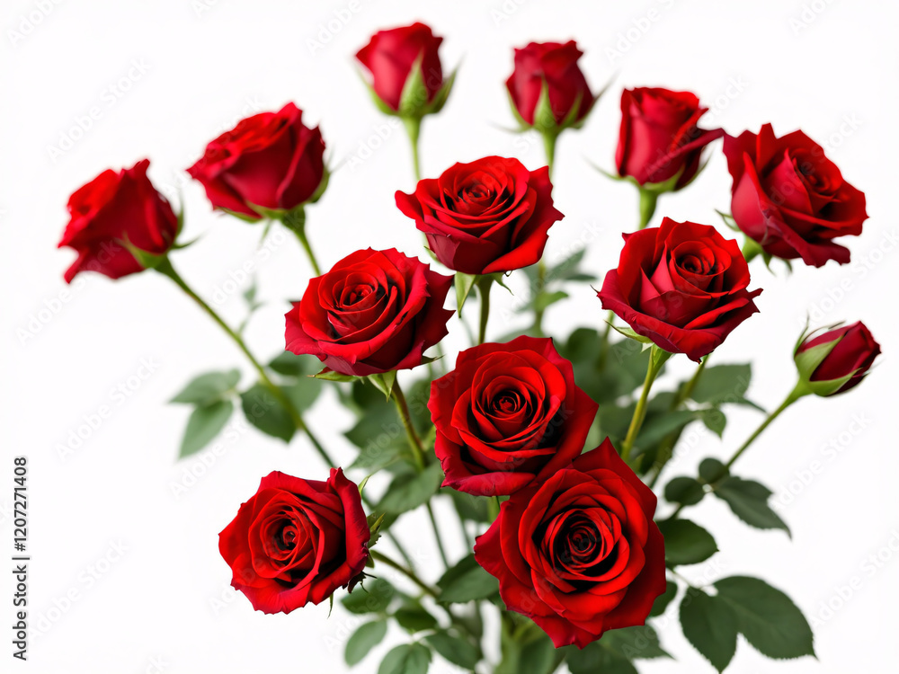 Obraz premium Bouquet of red roses with green leaves