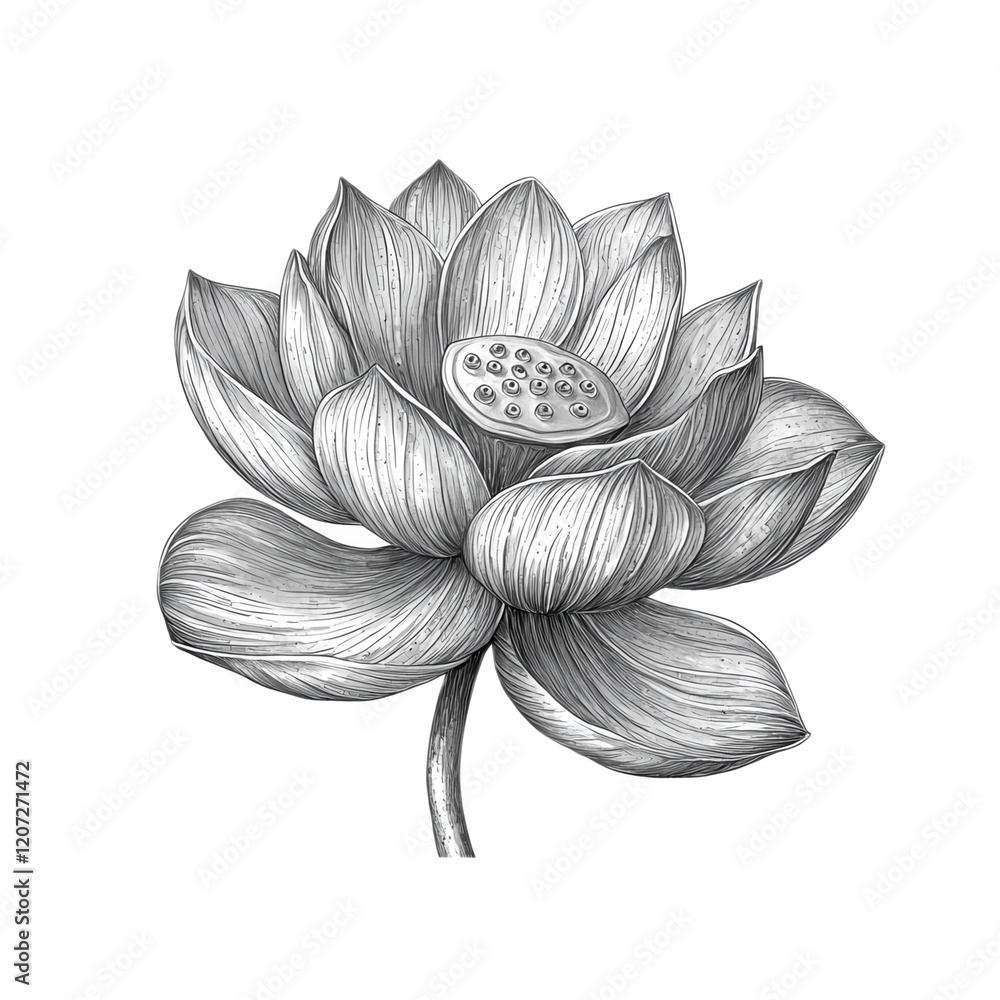 Obraz premium Detailed Illustration of a Beautiful Lotus Flower in Black and White