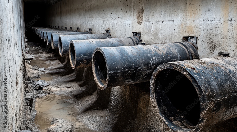 A long array of metallic pipes gleams under the sunlight, creating a rhythmic pattern that stretches towards the horizon, evoking a sense of industrial artistry. A long array of metallic pipes gleams under the sunlight, creating a rhythmic pattern that stretches towards the horizon, evoking a sense of industrial artistry.