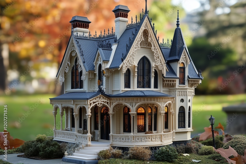 Fototapeta premium A detailed miniature model of a Gothic Revival Victorian-style house with intricate architectural features, surrounded by a garden in a park setting during autumn.