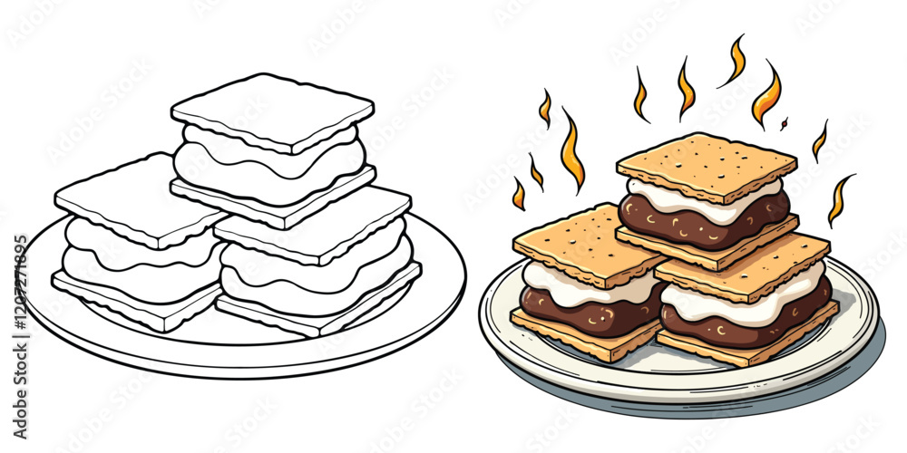 Smores Line Art Vector Illustration Black and White with Coloring Sample. Bold and Easy Food, Fruits, Sweets, Drinks, Dessert, and Snacks Coloring Pages for Adults and Kids Smores Line Art Vector Illustration Black and White with Coloring Sample. Bold and Easy Food, Fruits, Sweets, Drinks, Dessert, and Snacks Coloring Pages for Adults and Kids