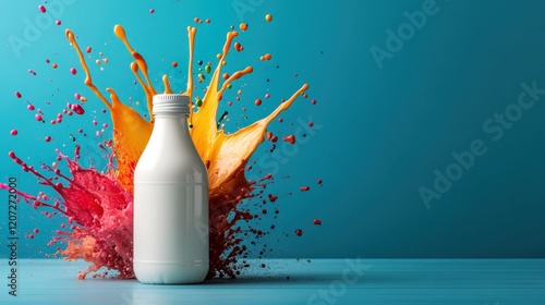 This image features a milk bottle at the center of a colorful explosion, creatively showcasing the interaction of the milk with vibrant splashes in a playful art style. photo