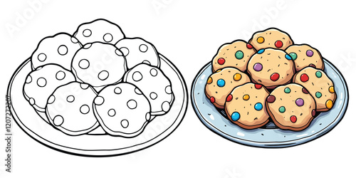 Sugar Cookies Line Art Vector Illustration Black and White with Coloring Sample. Bold and Easy Food, Fruits, Sweets, Drinks, Dessert, and Snacks Coloring Pages for Adults and Kids
