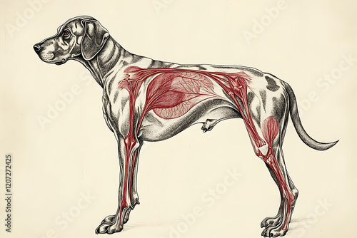 Anatomical Illustration of a Dog Showing Muscles and Structure in a Neutral Background photo