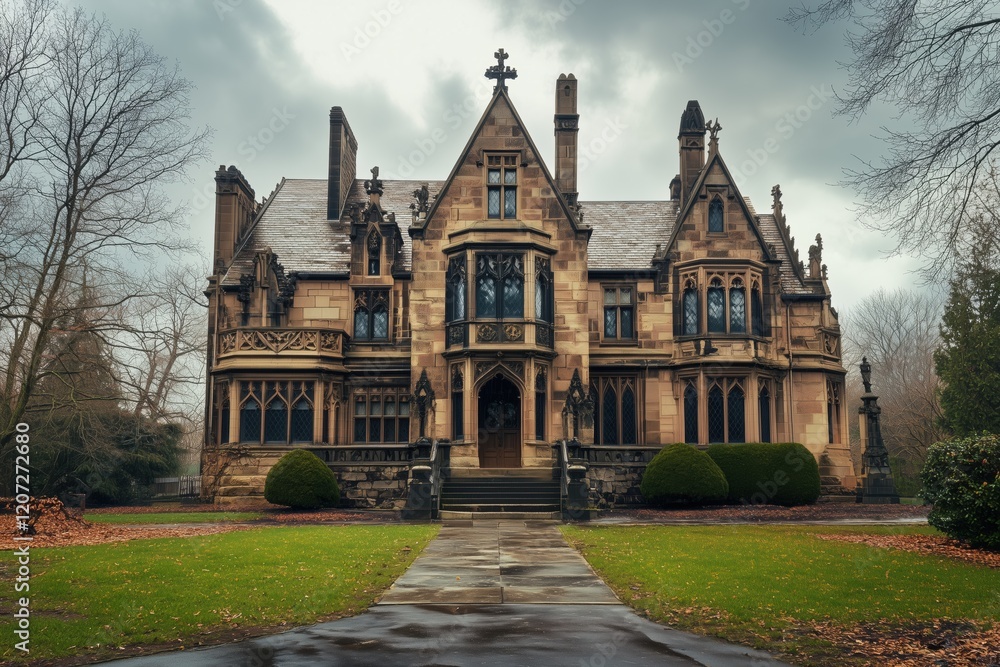 Fototapeta premium A grand, Gothic Revival style mansion with intricate architectural details, surrounded by trees and a manicured lawn. The sky is overcast, adding a dramatic atmosphere.