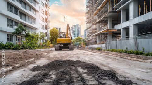 A powerful bulldozer rumbles down a rugged dirt road, its massive tracks churning the earth as it embarks on a journey through untamed terrain. photo