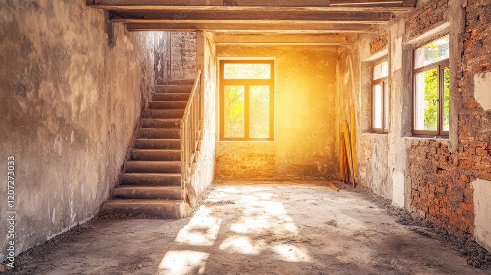 A serene room showcases a winding staircase leading to an elegant window, allowing soft light to dance across the walls and illuminate the space. A serene room showcases a winding staircase leading to an elegant window, allowing soft light to dance across the walls and illuminate the space.
