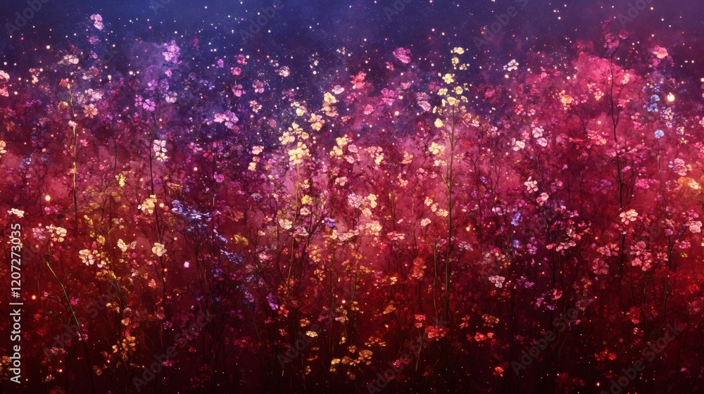 Enchanting Field of Glowing Flowers at Night Enchanting Field of Glowing Flowers at Night