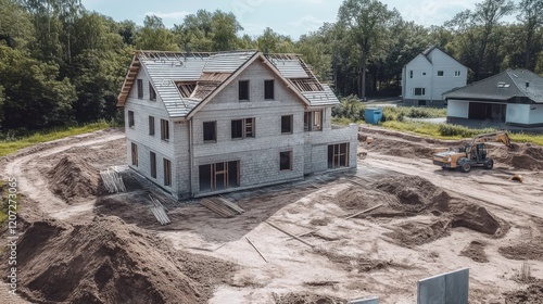 A rustic house rises amid a dusty lot, where a robust bulldozer carves the earth, shaping dreams into reality under a clear blue sky. photo