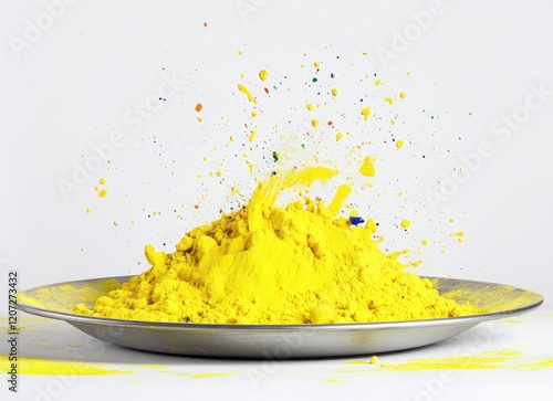 A pile of vibrant yellow powder on an Indian steel plate, against a white background. This image captures the essence of the Indian festival of Holi, the festival of colors.  photo