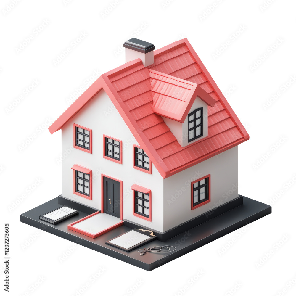 3D Model of Cute House with Red Roof and White Walls on Isolated Background 3D Model of Cute House with Red Roof and White Walls on Isolated Background