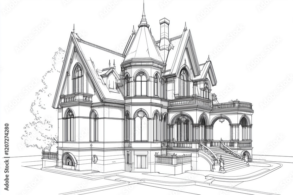 A detailed architectural sketch of a Gothic Revival Victorian-style mansion featuring ornate gables, large windows, and a grand staircase leading to the entrance. A detailed architectural sketch of a Gothic Revival Victorian-style mansion featuring ornate gables, large windows, and a grand staircase leading to the entrance.