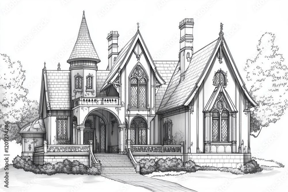 Obraz premium A detailed illustration of a Gothic Revival style mansion featuring pointed arches, a turret, and intricate architectural elements. The house is surrounded by trees and has a grand staircase.