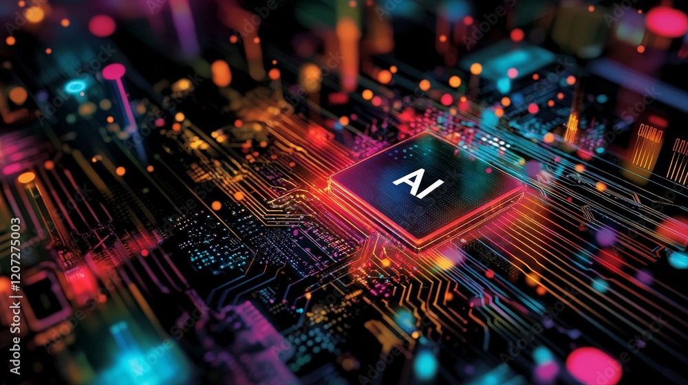 AI microchip with vibrant light beams. A great fit for tech banners, blogs, and innovation showcases. AI microchip with vibrant light beams. A great fit for tech banners, blogs, and innovation showcases.