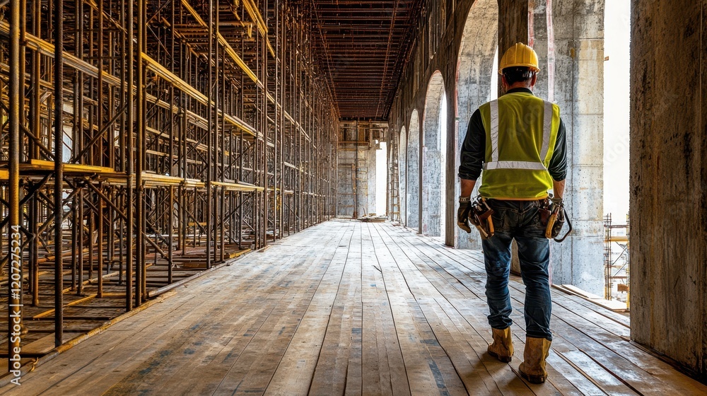Fototapeta premium A focused construction worker strides confidently through a spacious room, surrounded by towering scaffolding, embodying determination and strength.