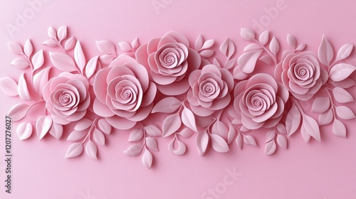Elegant Pink 3D Paper Flowers and Leaves Floral Arrangement Romantic Rose Design