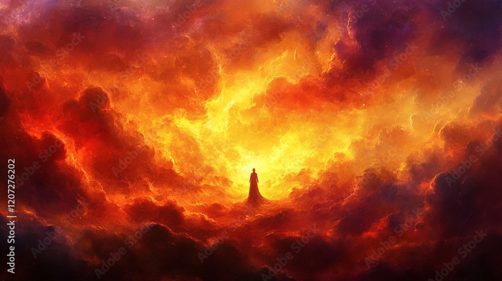 Solitary Figure Amidst Fiery Celestial Cloudscape Solitary Figure Amidst Fiery Celestial Cloudscape