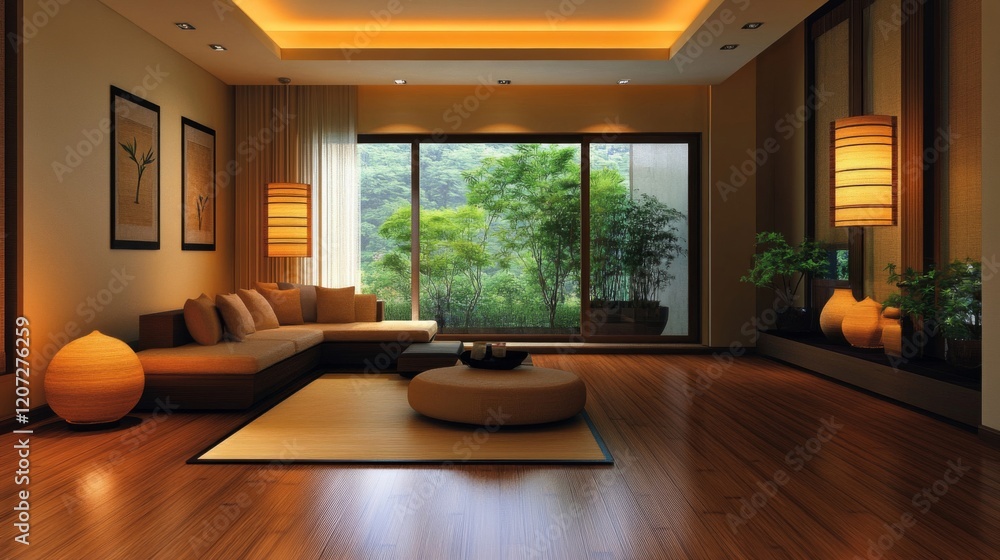 Fototapeta premium Serene Japanese-inspired living room with garden view