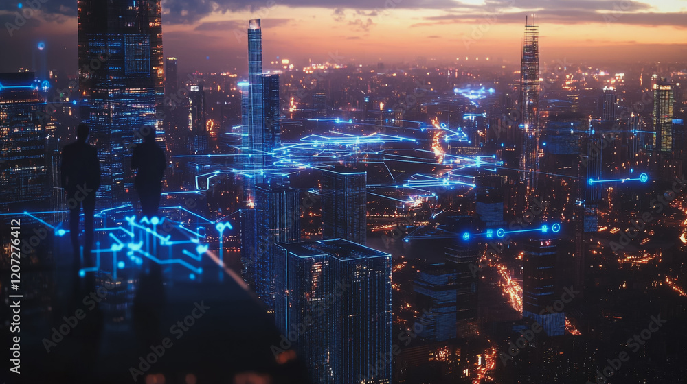 abstract professional business team people connection of line from nail node to node on cityscap and skyline background , networking concept