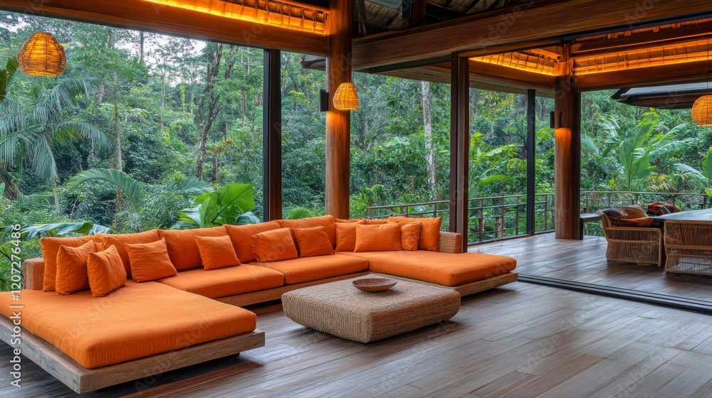 Fototapeta premium Luxury Rainforest Villa with Sectional Orange Sofa and Lush Greenery Views