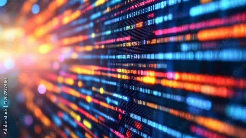 A colorful display of binary code with a bright orange and blue stripe. Background with lots of light spots A colorful display of binary code with a bright orange and blue stripe. Background with lots of light spots