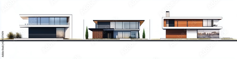 A modern architectural design showcasing three distinct houses in a row. Each house features unique elements such as large windows, sleek lines, and varying materials like wood and glass. A modern architectural design showcasing three distinct houses in a row. Each house features unique elements such as large windows, sleek lines, and varying materials like wood and glass.