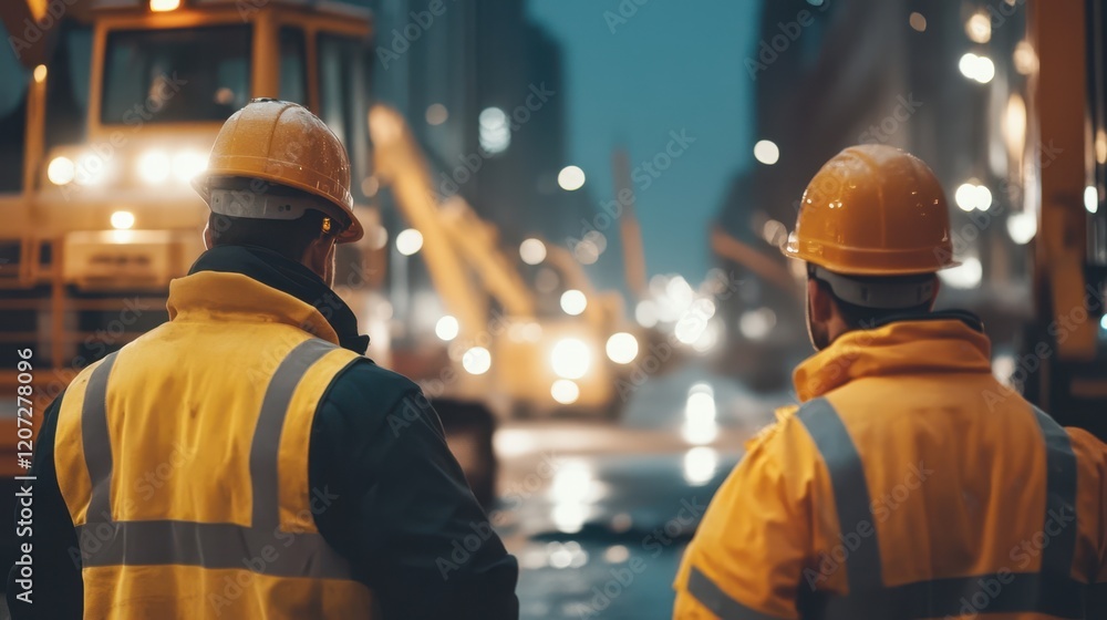 Two diligent construction workers, clad in bright hard hats and reflective vests, survey the bustling street, ready to tackle their next project. Two diligent construction workers, clad in bright hard hats and reflective vests, survey the bustling street, ready to tackle their next project.