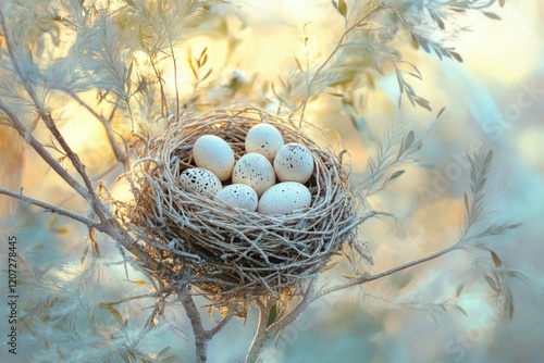 A bird's nest cradles speckled eggs in a sunlit, dreamy scene amidst delicate branches.