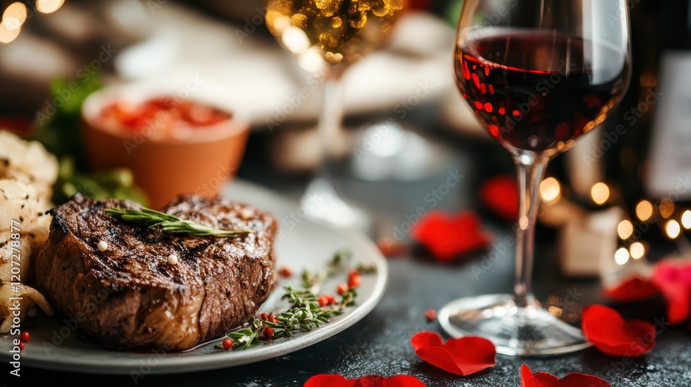 A beautifully arranged plate of steak accompanied by fine wine, complemented by vibrant rose petals, creating an intimate and romantic dining experience. A beautifully arranged plate of steak accompanied by fine wine, complemented by vibrant rose petals, creating an intimate and romantic dining experience.