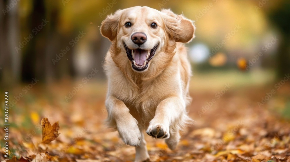 Joyful Golden Retriever Running Through Autumn Leaves Joyful Golden Retriever Running Through Autumn Leaves