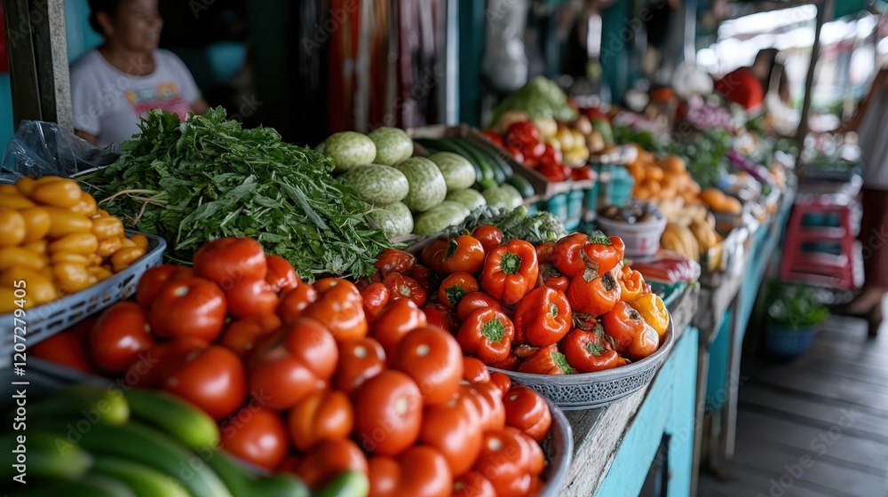 A colorful array of fresh vegetables and herbs displayed at a bustling market highlights the vibrant energy of local produce and healthy living choices. A colorful array of fresh vegetables and herbs displayed at a bustling market highlights the vibrant energy of local produce and healthy living choices.