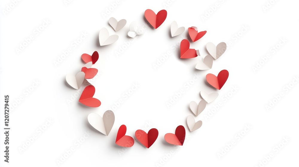 Circular Arrangement of Colorful Paper Hearts on a White Background, Perfect for Valentine's Day Celebrations, Romantic Events, or Love-themed Projects Circular Arrangement of Colorful Paper Hearts on a White Background, Perfect for Valentine's Day Celebrations, Romantic Events, or Love-themed Projects