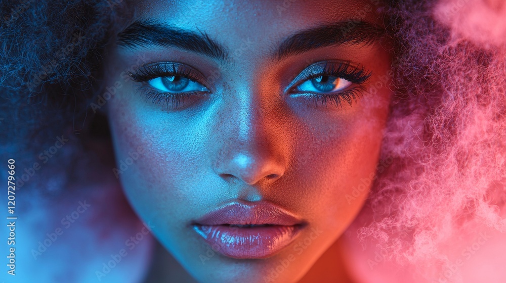 Woman with Striking Blue Eyes in Vibrant Glow Woman with Striking Blue Eyes in Vibrant Glow