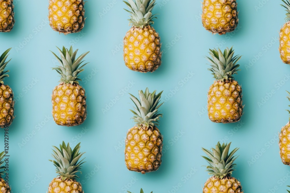 A minimal tropical fruit design featuring a repeating pattern of bright, colorful pineapples on a soft pastel blue background, exuding a fresh summer aesthetic A minimal tropical fruit design featuring a repeating pattern of bright, colorful pineapples on a soft pastel blue background, exuding a fresh summer aesthetic