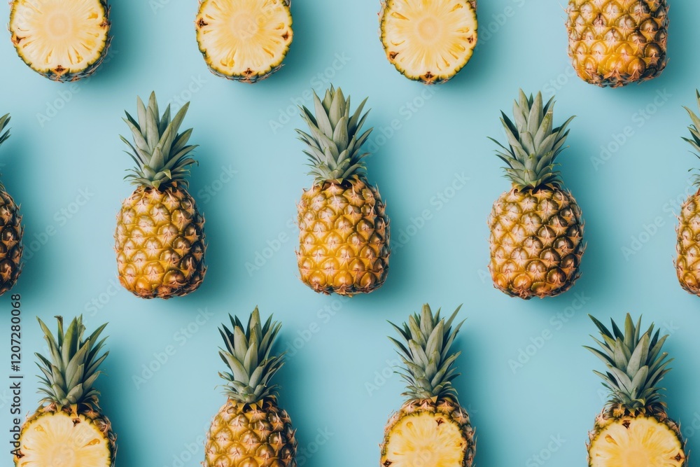 A minimal tropical fruit design featuring a repeating pattern of bright, colorful pineapples on a soft pastel blue background, exuding a fresh summer aesthetic A minimal tropical fruit design featuring a repeating pattern of bright, colorful pineapples on a soft pastel blue background, exuding a fresh summer aesthetic