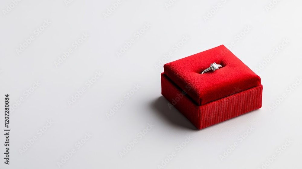 Elegant red velvet ring box displaying a sparkling diamond engagement ring on a plain white surface, perfect for romantic proposals and wedding announcements. Elegant red velvet ring box displaying a sparkling diamond engagement ring on a plain white surface, perfect for romantic proposals and wedding announcements.