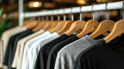 Neutral-Colored T-Shirts Hanging on Wooden Hangers in a Retail Store photo