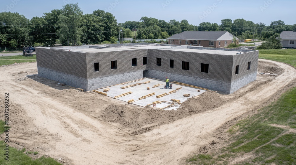 A man stands proudly before an emerging structure, as beams and bricks rise towards the sky, embodying ambition and the spirit of construction in progress. A man stands proudly before an emerging structure, as beams and bricks rise towards the sky, embodying ambition and the spirit of construction in progress.