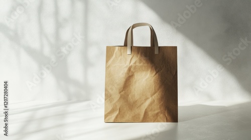 A mockup of a paper bag, neatly placed on a white surface, with its folds and textures clearly visible, ready for customization. photo