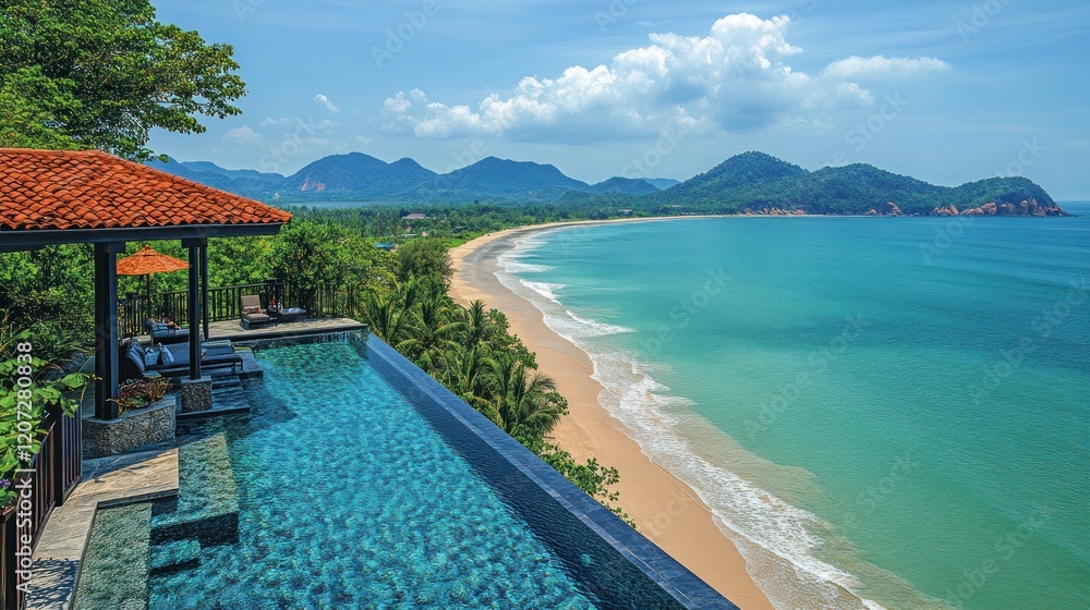 Infinity pool overlooking tropical beach and ocean. Infinity pool overlooking tropical beach and ocean.