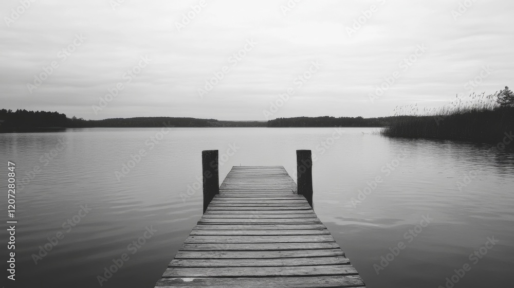 Naklejka premium Serene black and white photo of a wooden dock extending into a calm lake, under a cloudy sky.