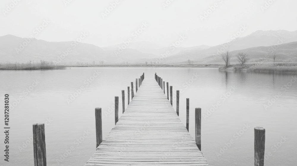 Naklejka premium Serene black and white photo of a wooden pier extending into a calm lake, mountains in the background.