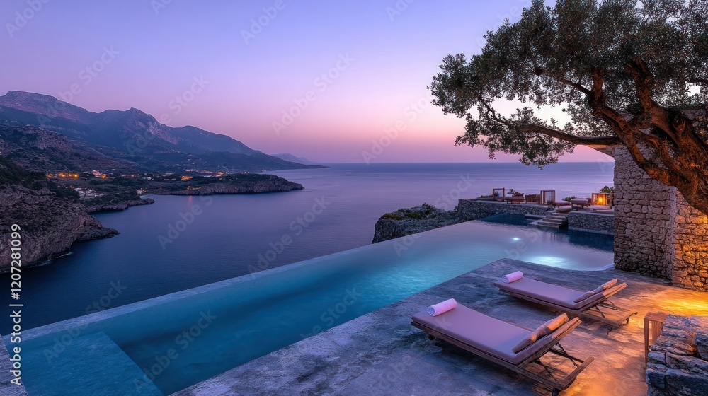 Obraz premium Infinity pool overlooking sunset sea, mountains.