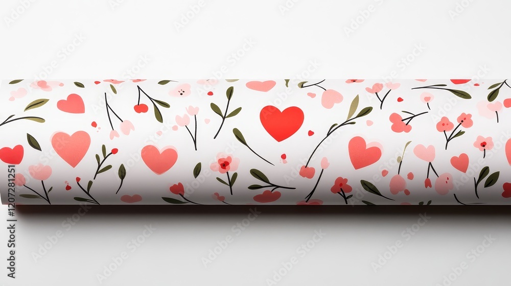 Whimsical Floral and Heart Pattern on Gift Wrap Paper Featuring Delicate Blossoms in Soft Pink, Red and Green Tones for Special Occasions and Celebrations Whimsical Floral and Heart Pattern on Gift Wrap Paper Featuring Delicate Blossoms in Soft Pink, Red and Green Tones for Special Occasions and Celebrations