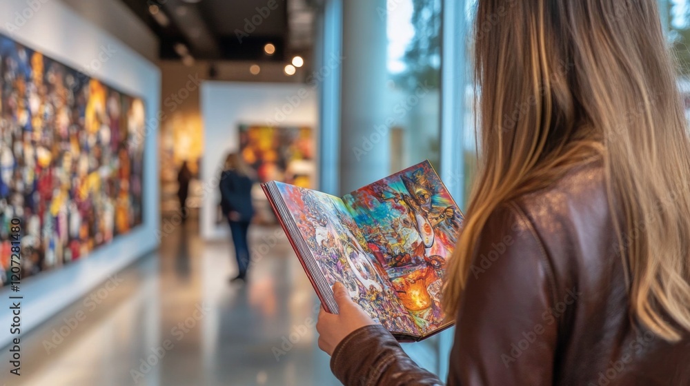 Woman exploring vibrant abstract art in a modern gallery Woman exploring vibrant abstract art in a modern gallery