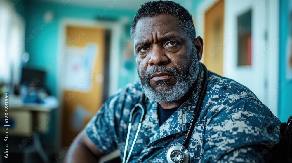 A serious-looking doctor in scrubs, projecting a sense of professionalism and compassion, highlighting the important role of healthcare providers in our community and lives. A serious-looking doctor in scrubs, projecting a sense of professionalism and compassion, highlighting the important role of healthcare providers in our community and lives.