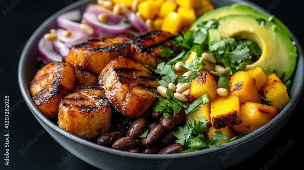 A beautiful arrangement of grilled scallops paired with vibrant vegetables and mango, enticingly presented, showcasing culinary creativity in a healthy dish. A beautiful arrangement of grilled scallops paired with vibrant vegetables and mango, enticingly presented, showcasing culinary creativity in a healthy dish.
